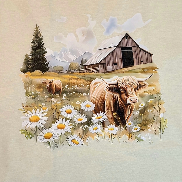 Highland Cow Pastoral Scene Cream Short Sleeve Tee - Picture 8 of 9